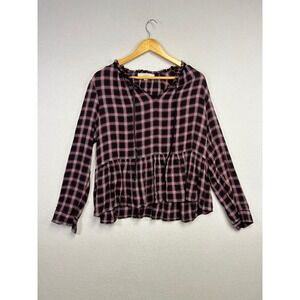 LOFT‎ Plaid Peplum Blouse Long Sleeve Ruffle V Neck Tie Neck Women's Size L